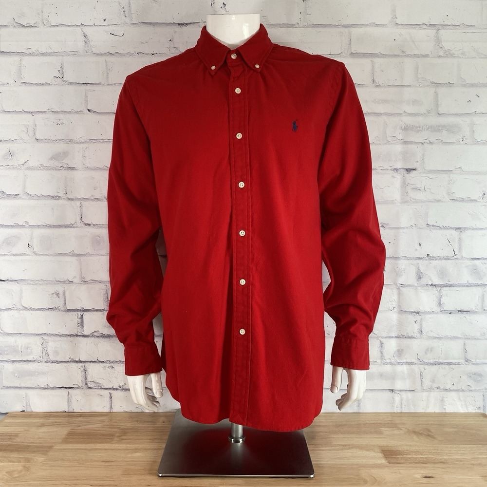 Ralph Lauren Polo Shirt Mens Large Flannel Red Long Sleeve Sportsman Heavyweight